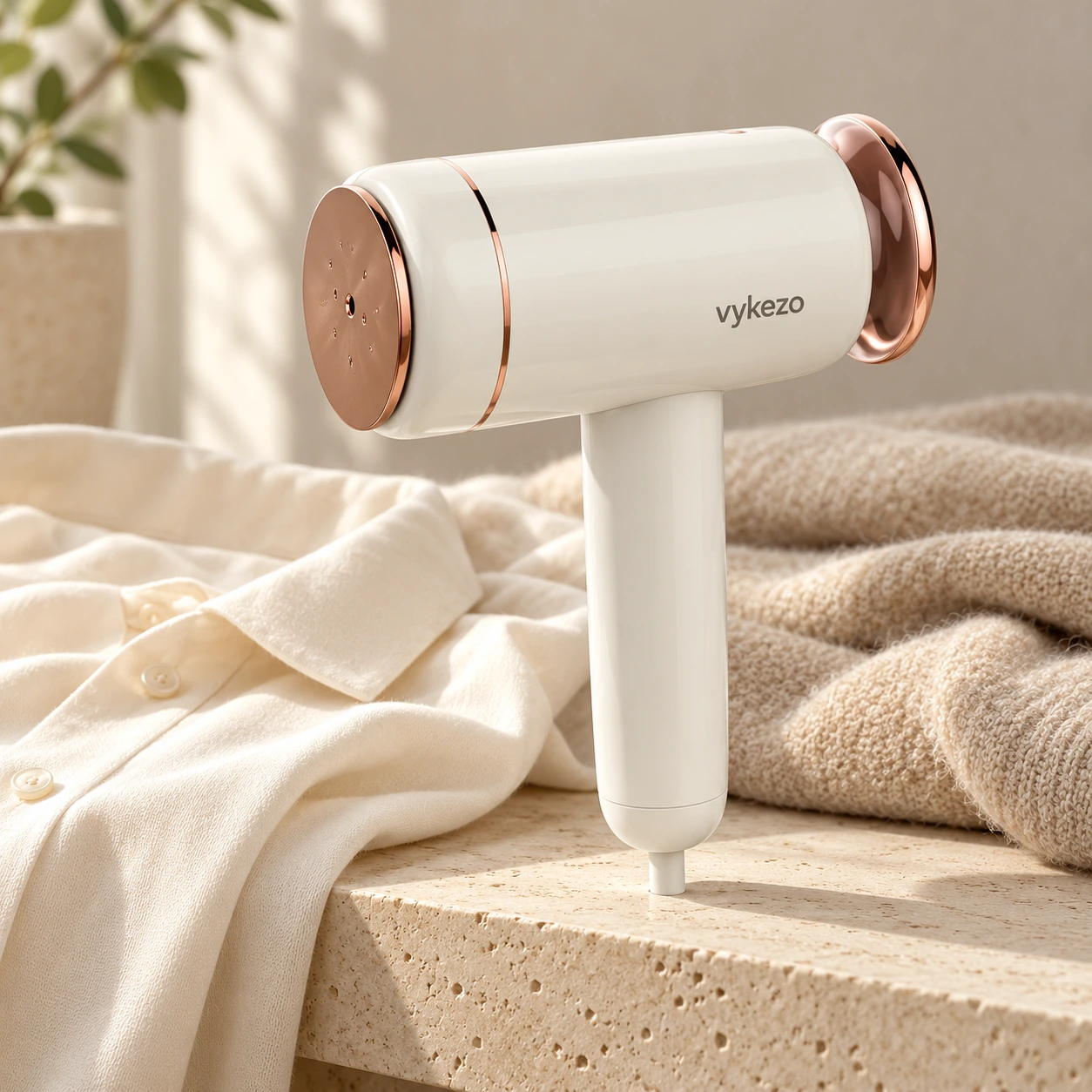 Vykezo garment steamer beside softly draped natural fabrics
