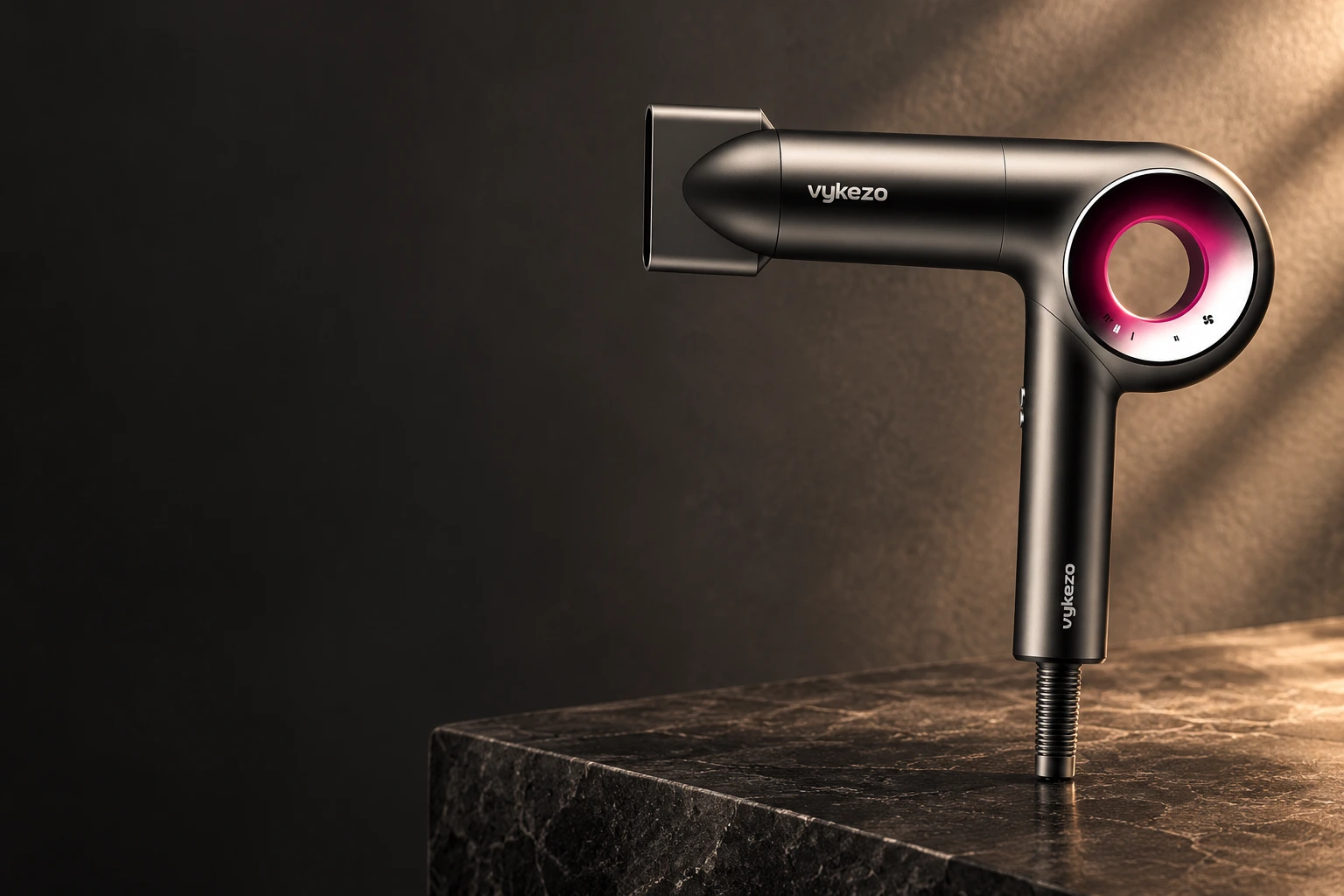 Vykezo dark metallic hair dryer with a magenta ring on a stone pedestal